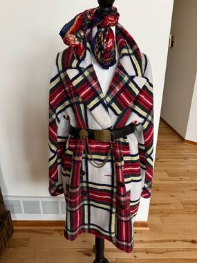 Desigual Red, Cream & Navy Plaid Double-Breasted Pea Coat